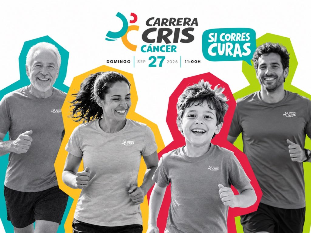 Cartel recompuesto de la Carrera CRIS 2026: cuatro corredores, logotipo, lema Si corres curas y fecha 27 de septiembre