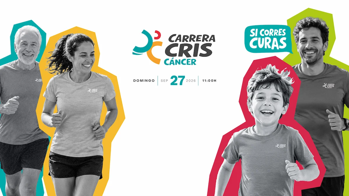 Cartel oficial de la Carrera CRIS Contra el Cáncer 2026, con corredores de distintas edades y fecha 27 de septiembre